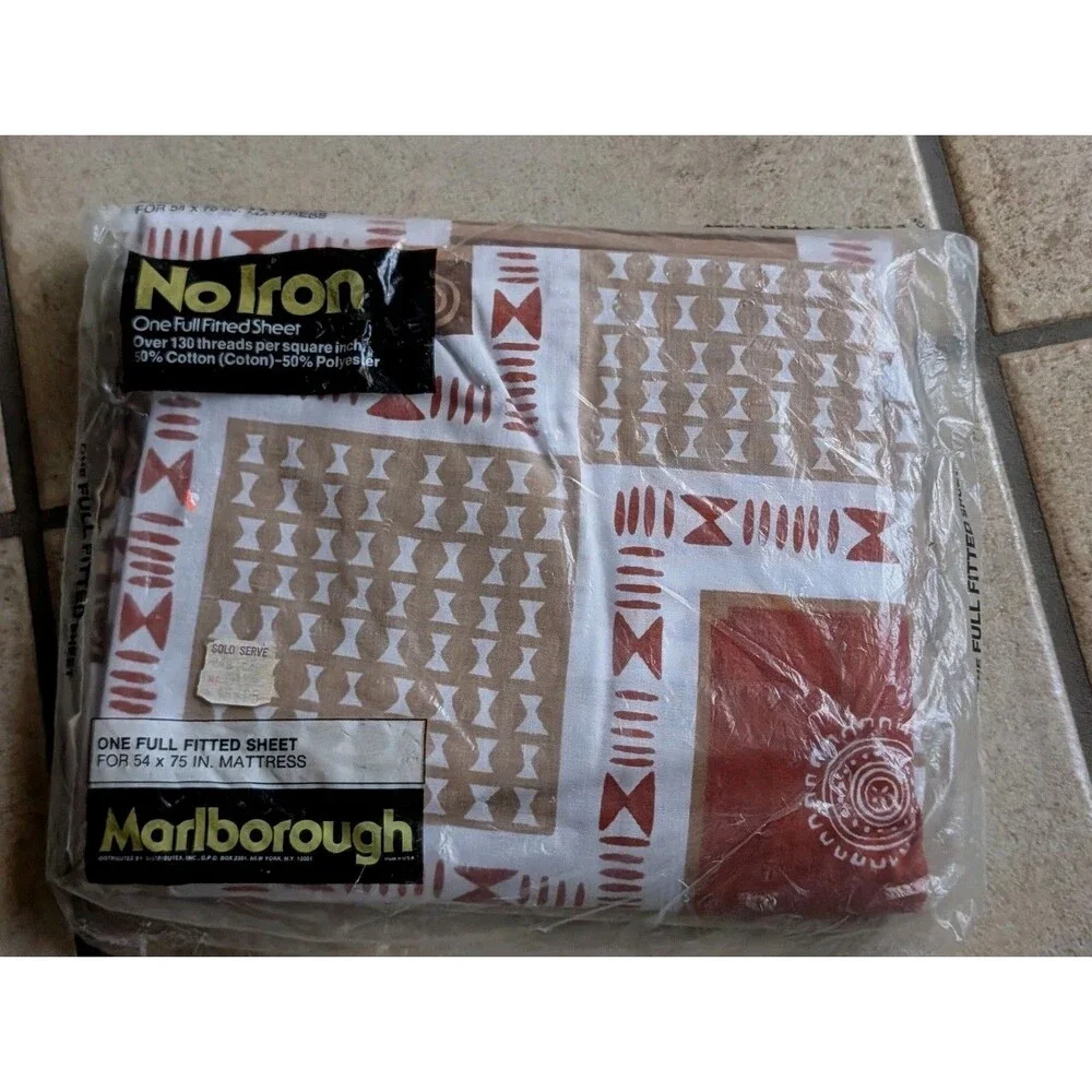 Vintage Marlborough No Iron Full Fitted Sheet 54 x 75 Tribal African Geometric